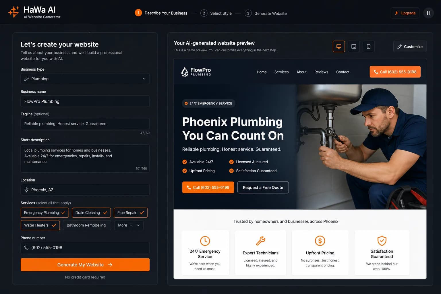 HaWa AI website generator brief and demo preview