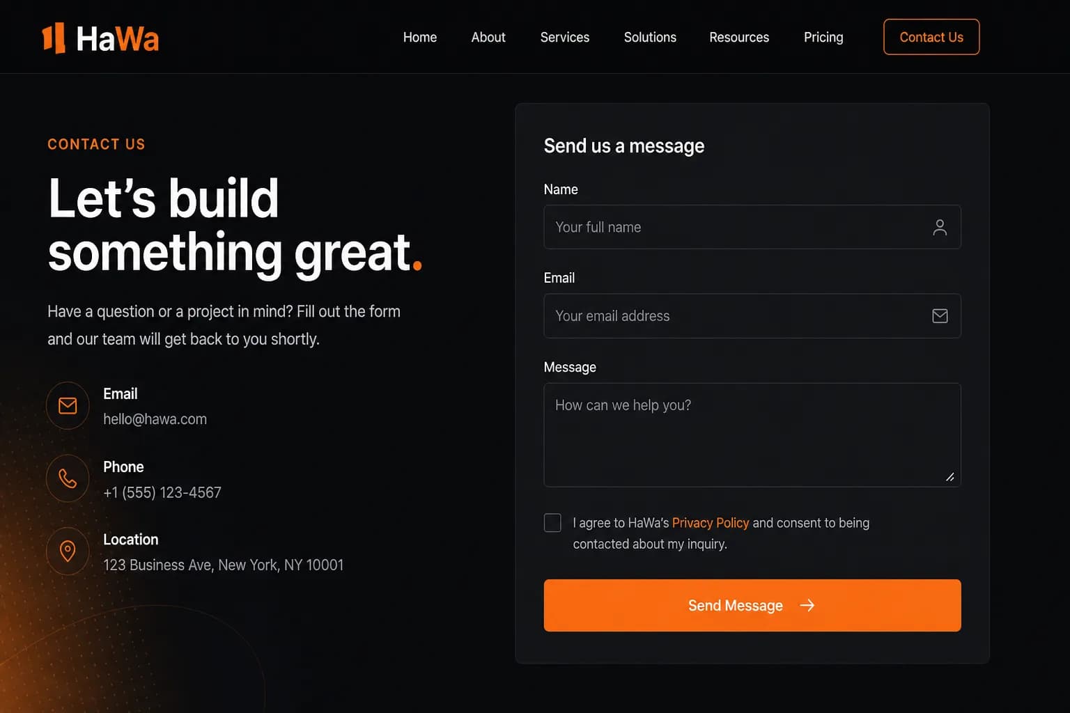 HaWa site contact form with consent checkbox