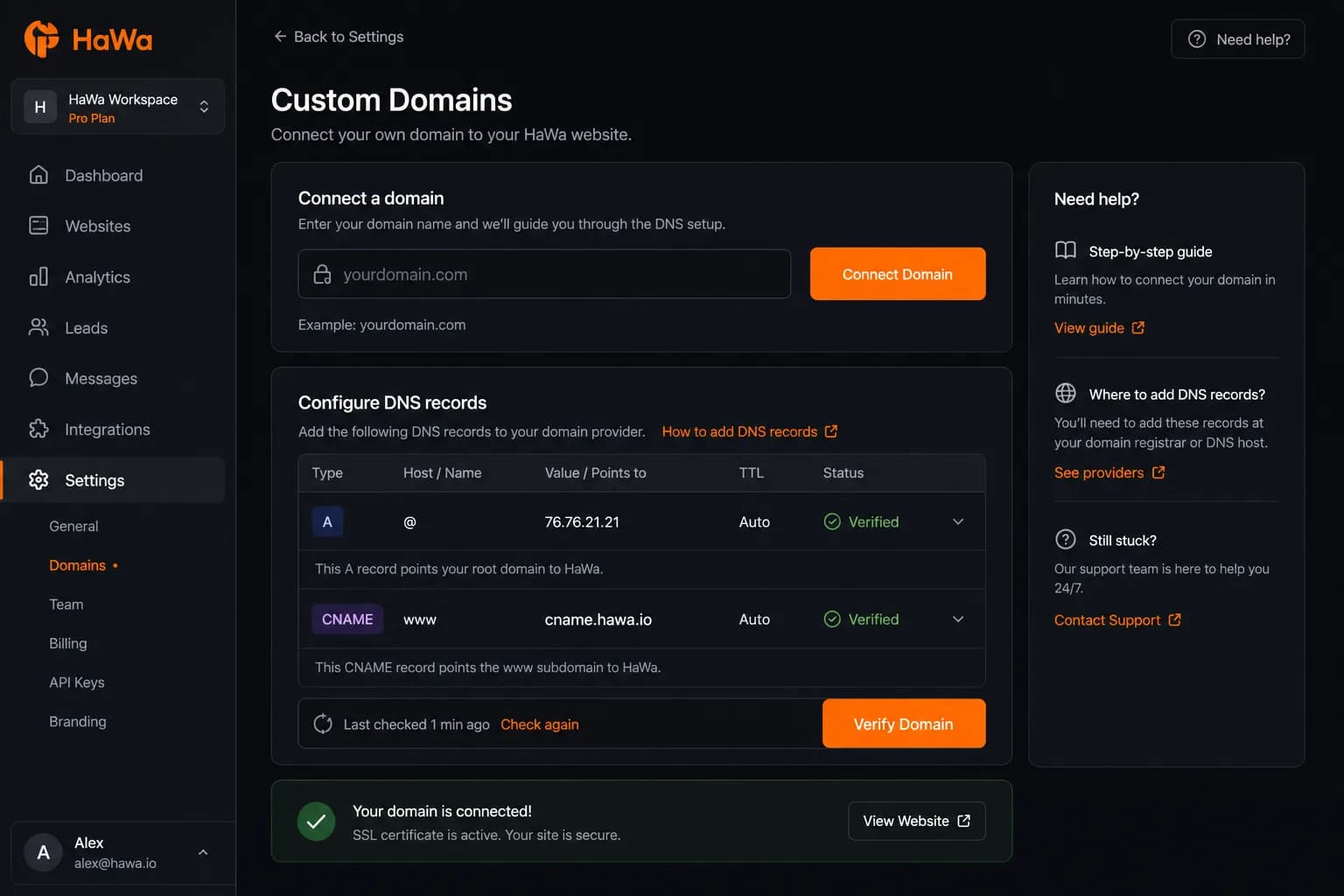 HaWa custom domain connect and DNS checklist panel