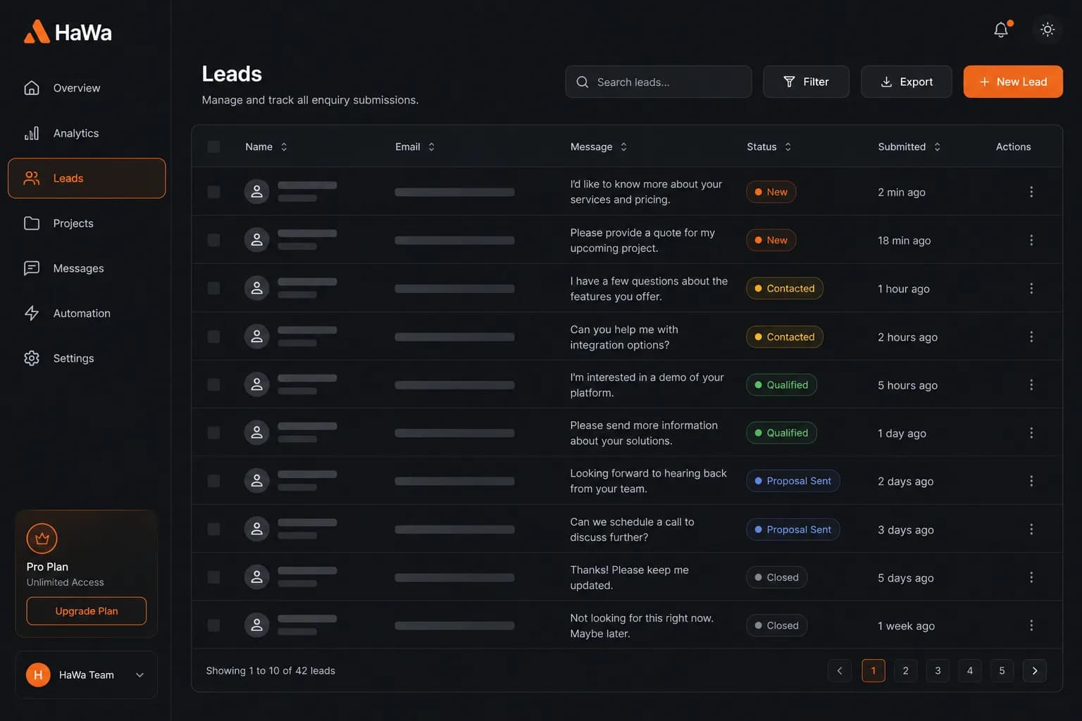 HaWa dashboard Leads panel with enquiry list