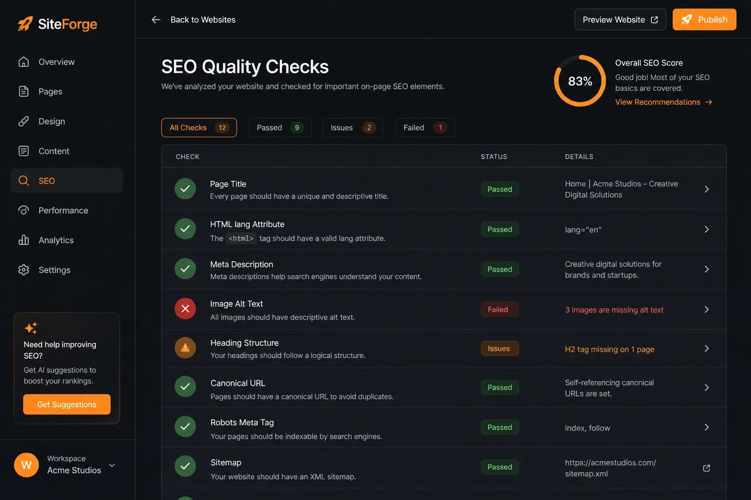 HaWa SEO quality checks for title, lang, and image alts