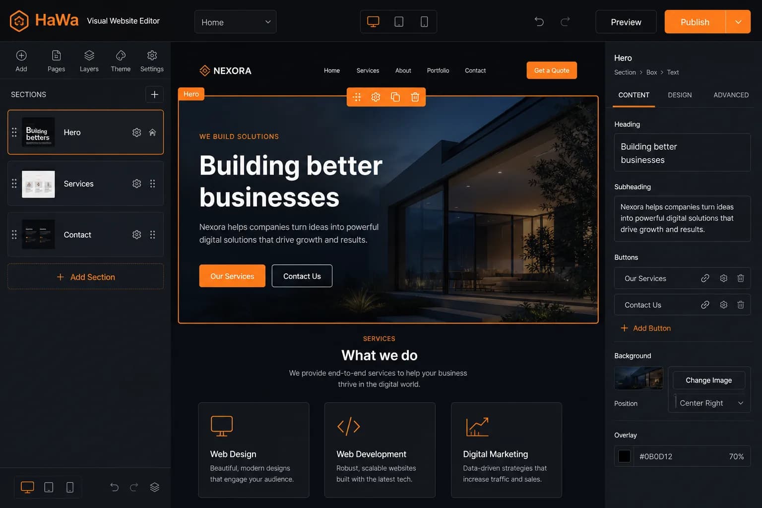 HaWa website editor with preview and section panel