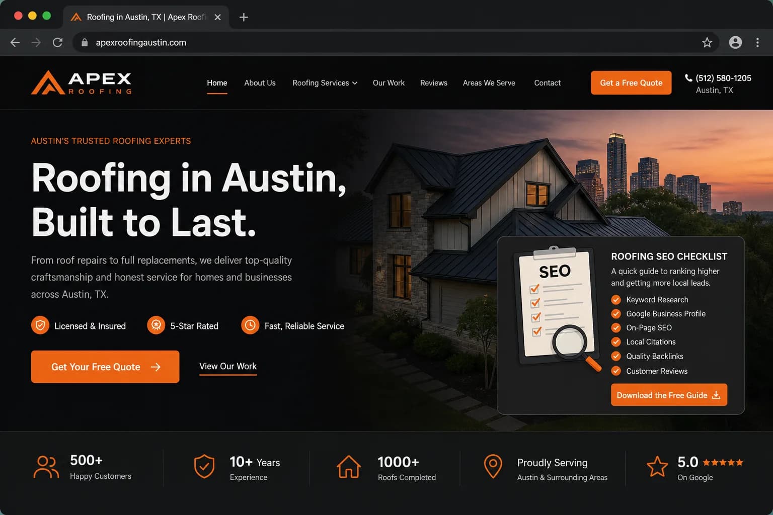 Local service website with service and city in title and hero
