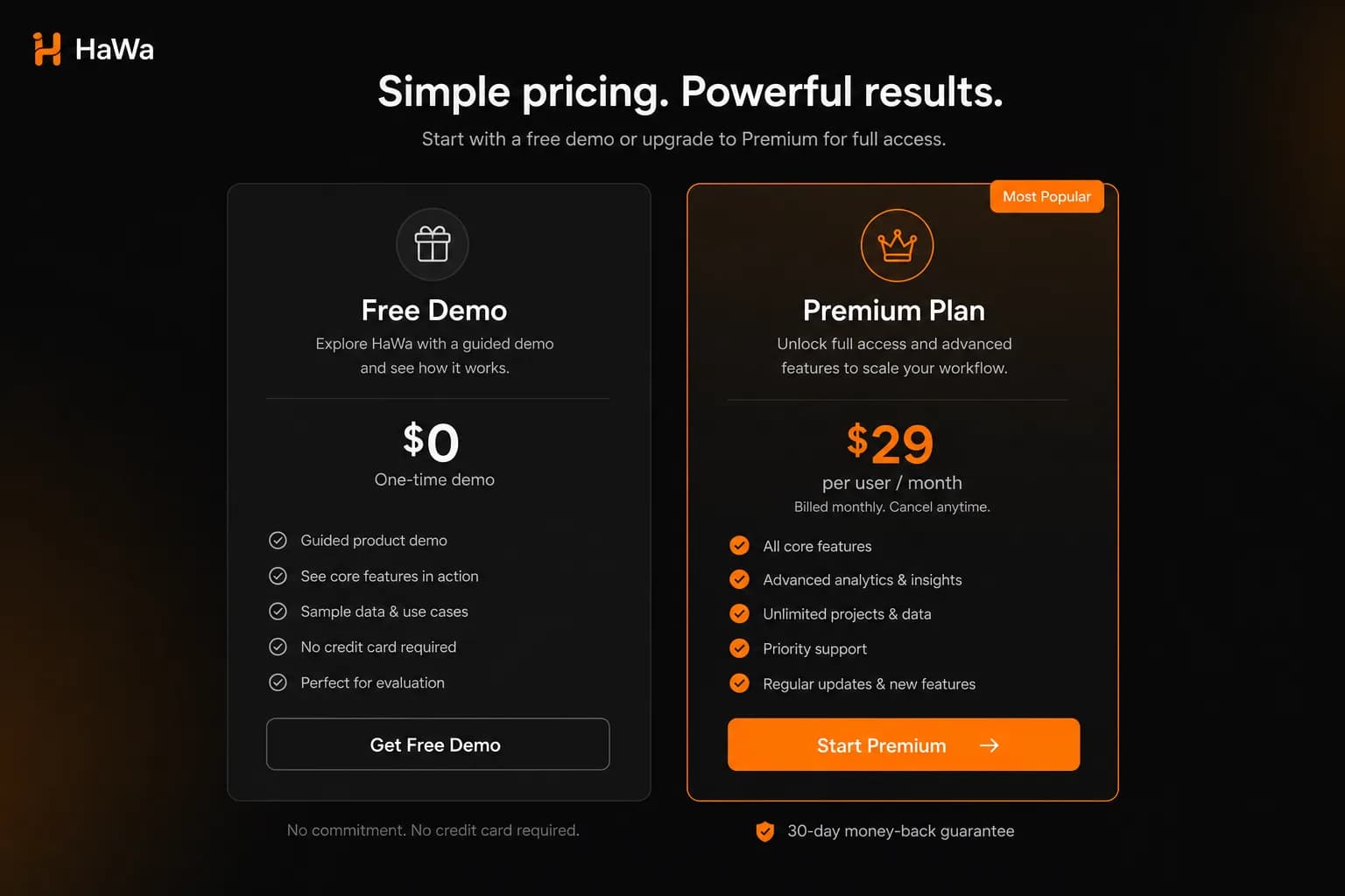 HaWa Free demo and Premium pricing cards