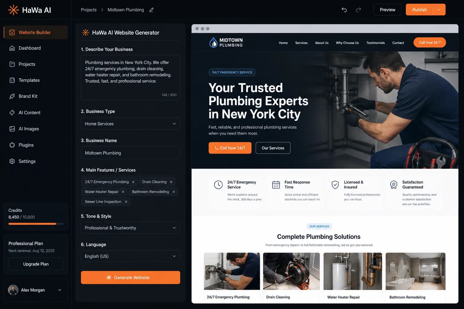 HaWa AI website generator with brief form and live demo preview